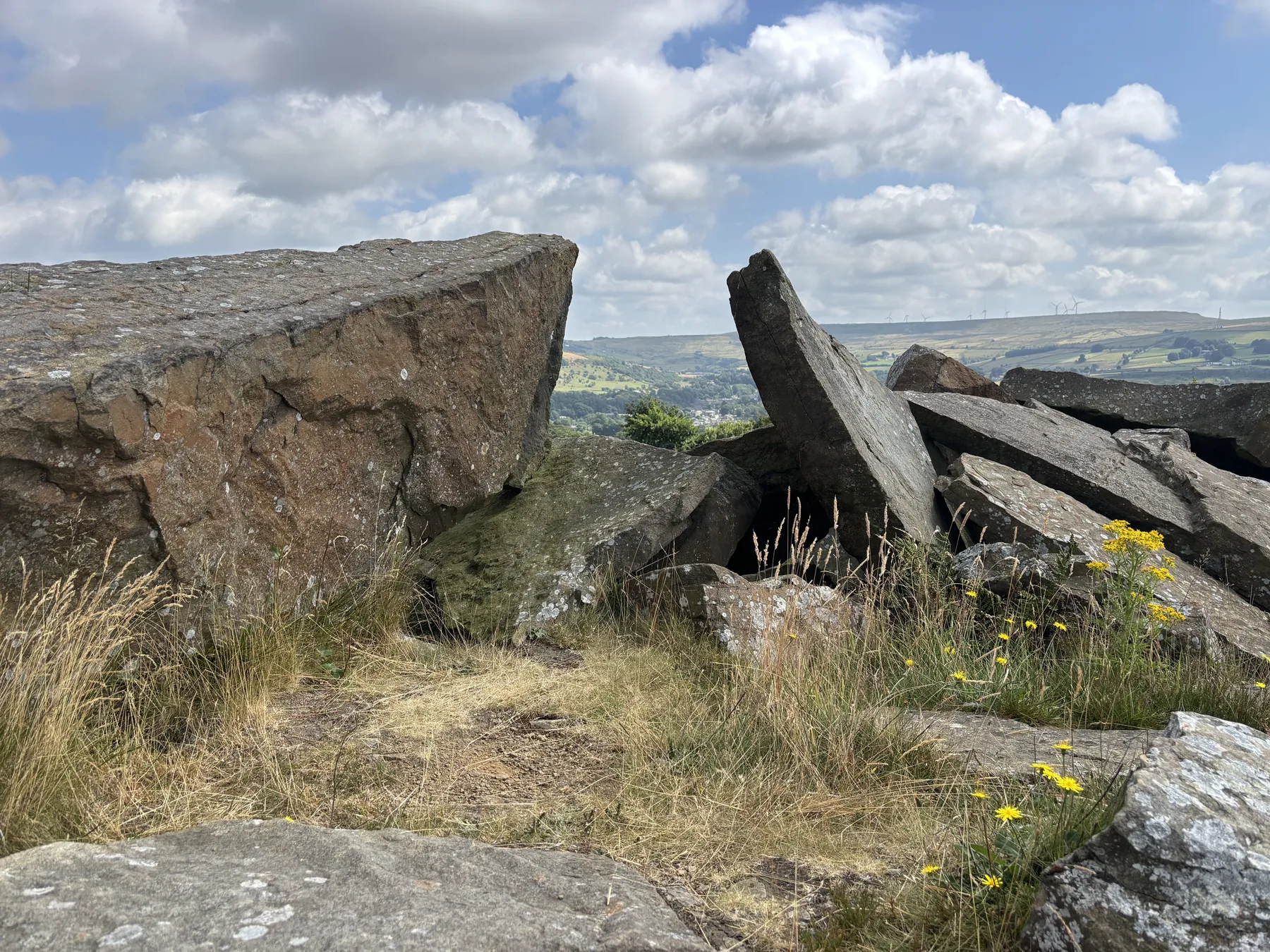 Rugged gritstone and heather moorland on the Yorkshire moors near Haworth